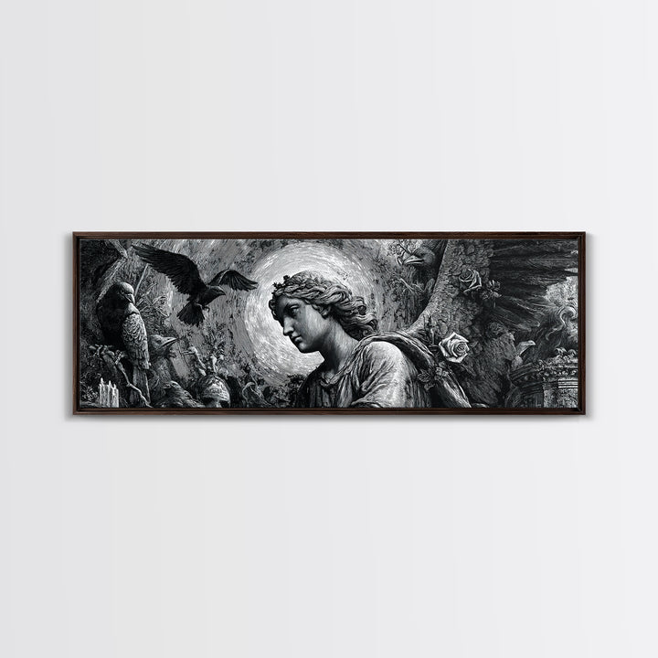 The Weeping Cemetery Angel, Renaissance Engraving Art, Extra Wide Wall Art, Dark Fantasy Wall Art, Canvas Print, Halloween Wall Art