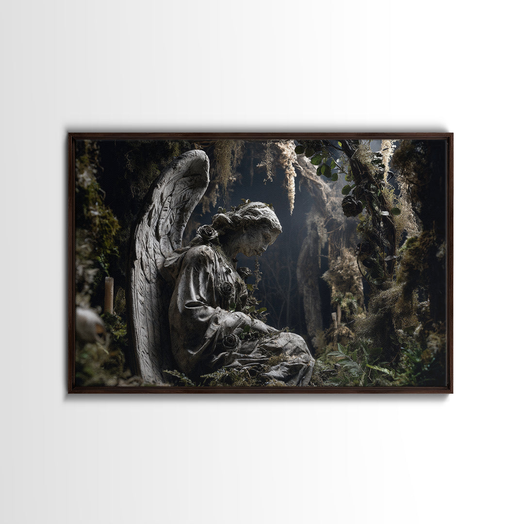 The Weeping Cemetery Angel, Baroque Witchcraft Art, Landscape Wall Art, Dark Halloween Decor, Canvas Print, Halloween Wall Art