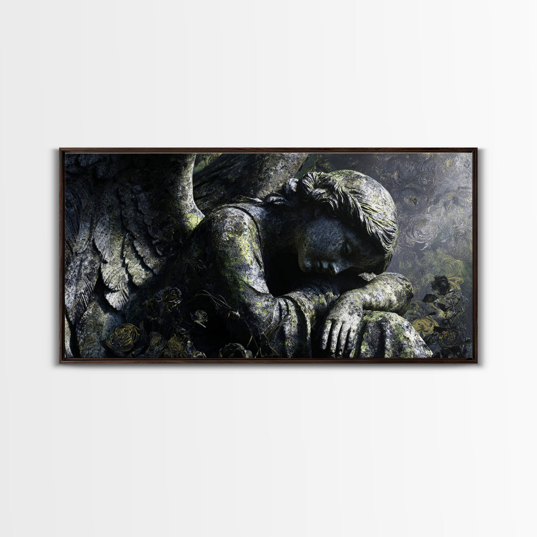 The Weeping Cemetery Angel, Visionary Gothic Art, Wide Panoramic Art, Macabre Wall Art, Framed Canvas Print, Halloween Wall Art