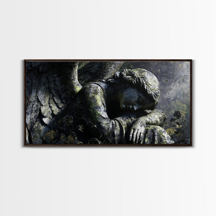 The Weeping Cemetery Angel, Visionary Gothic Art, Wide Panoramic Art, Macabre Wall Art, Framed Canvas Print, Halloween Wall Art