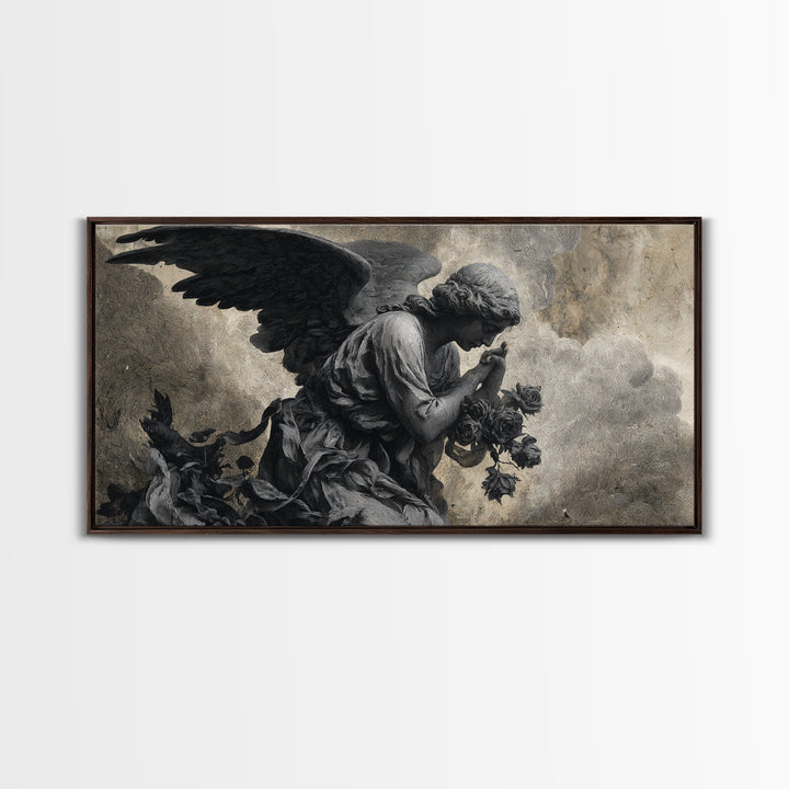 The Weeping Cemetery Angel, Expressionist Nightmare Art, Wide Panoramic Art, Gothic Horror Wall Art, Framed Canvas Print, Halloween Wall Art