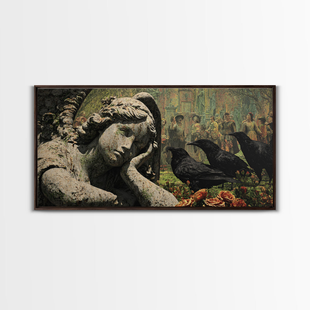 The Weeping Cemetery Angel, Grotesque Carnival Art, Wide Panoramic Art, Dark Halloween Decor, Framed Canvas Print, Halloween Wall Art