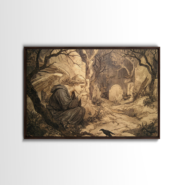The Weeping Cemetery Angel, Gothic Storybook Art, Landscape Wall Art, Dark Fantasy Wall Art, Canvas Print, Halloween Wall Art