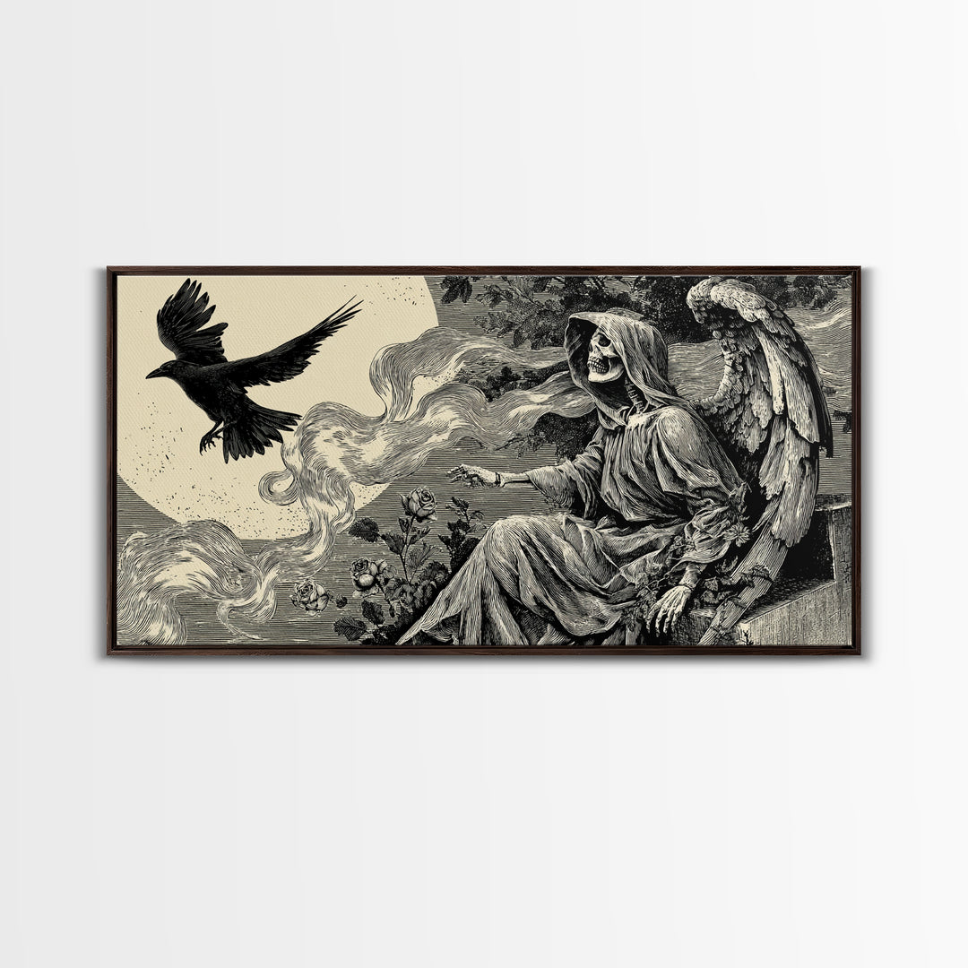 The Weeping Cemetery Angel, Macabre Folk Print Art, Wide Panoramic Art, Macabre Wall Art, Canvas Print, Halloween Wall Art