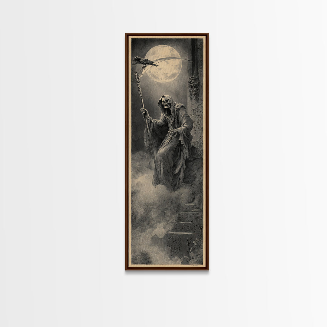 The Fog-Bound Reaper, Gothic Engraving Art, Tall Narrow Wall Art, Dark Halloween Decor, Framed Canvas Print, Halloween Wall Art