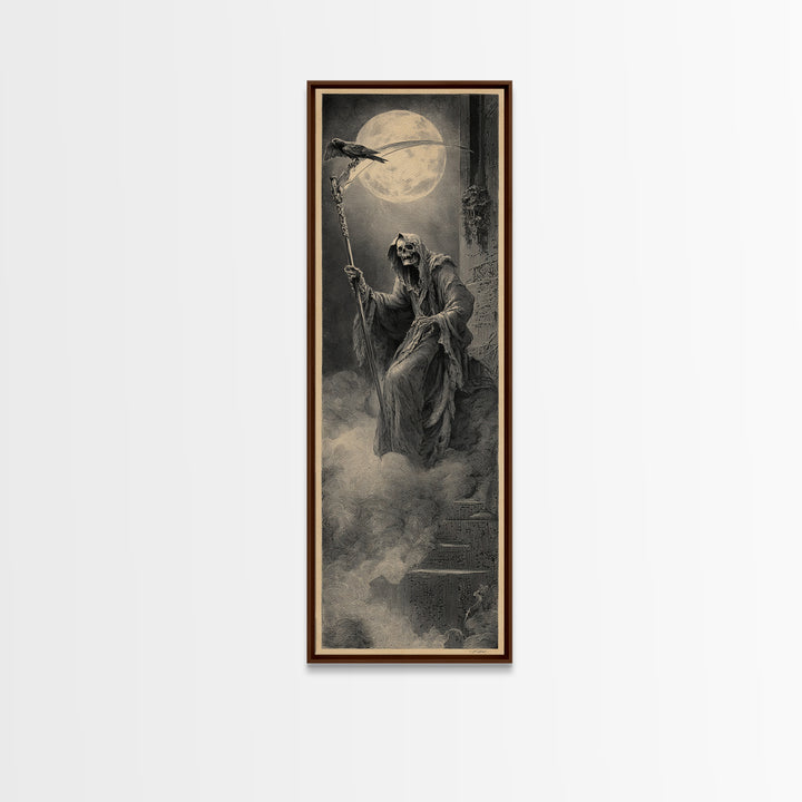The Fog-Bound Reaper, Gothic Engraving Art, Tall Narrow Wall Art, Dark Halloween Decor, Framed Canvas Print, Halloween Wall Art