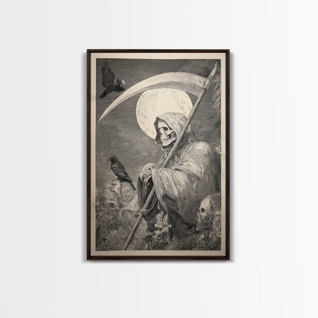 The Fog-Bound Reaper, Renaissance Engraving Art, Vertical Wall Art, Gothic Horror Wall Art, Canvas Print, Halloween Wall Art