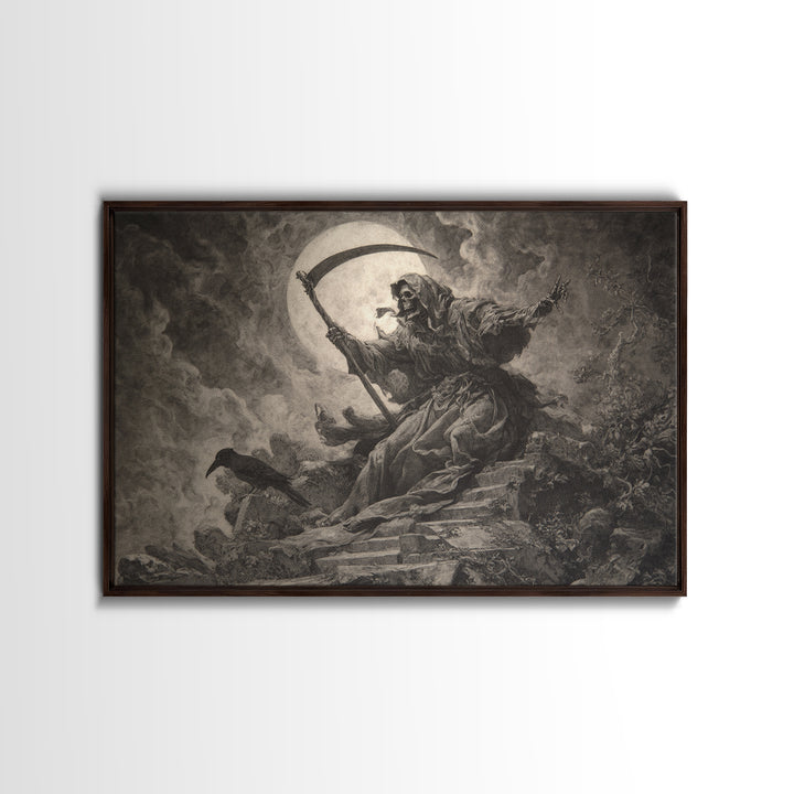 The Fog-Bound Reaper, Baroque Witchcraft Art, Landscape Wall Art, Dark Fantasy Wall Art, Framed Canvas Print, Halloween Wall Art