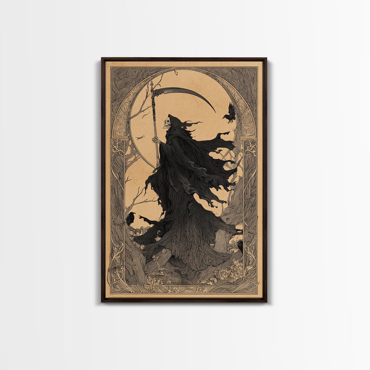 The Fog-Bound Reaper, Decadent Line Art, Vertical Wall Art, Gothic Horror Wall Art, Canvas Print, Halloween Wall Art