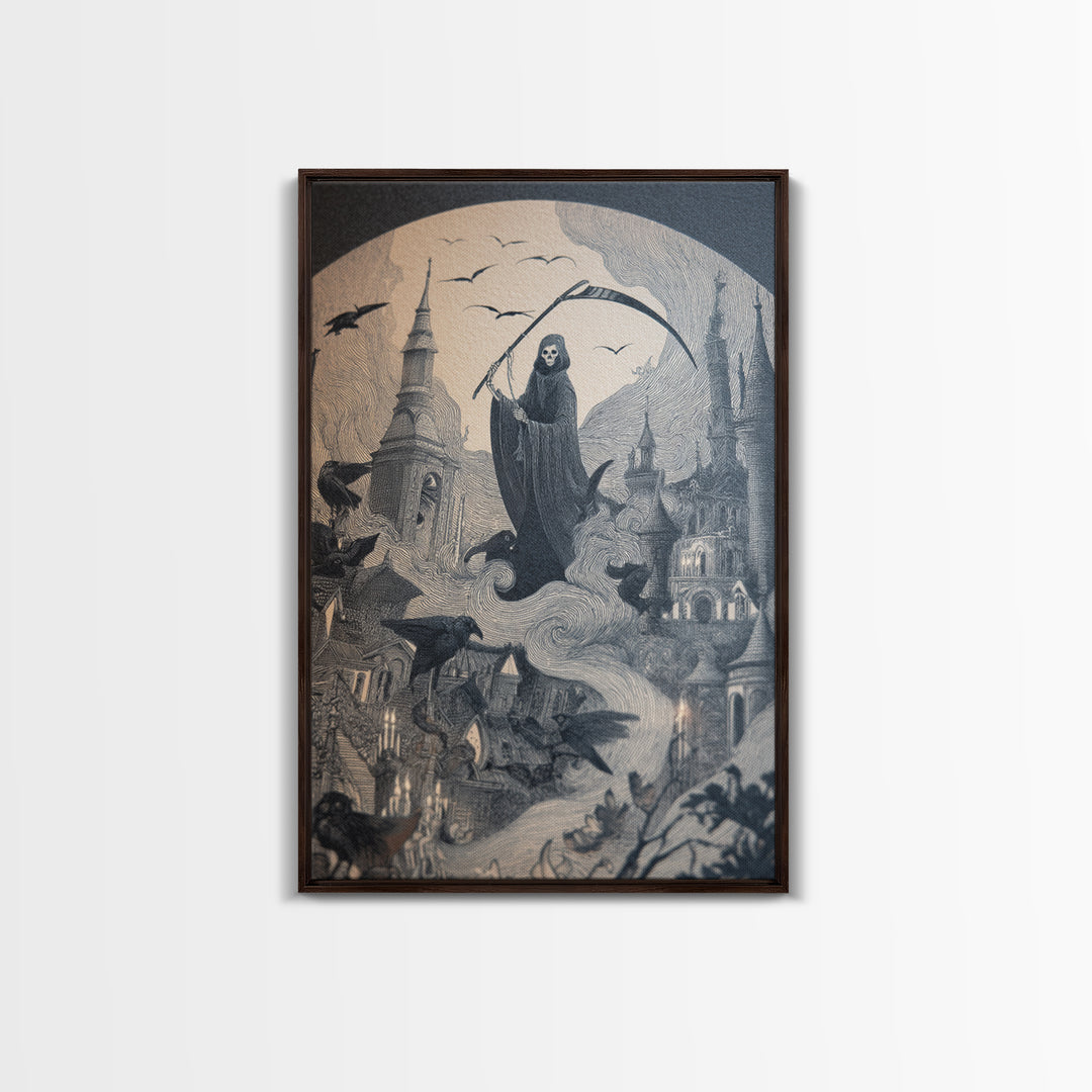 The Fog-Bound Reaper, Victorian Macabre Art, Vertical Wall Art, Dark Halloween Decor, Canvas Print, Halloween Wall Art, Dark Fantasy Art