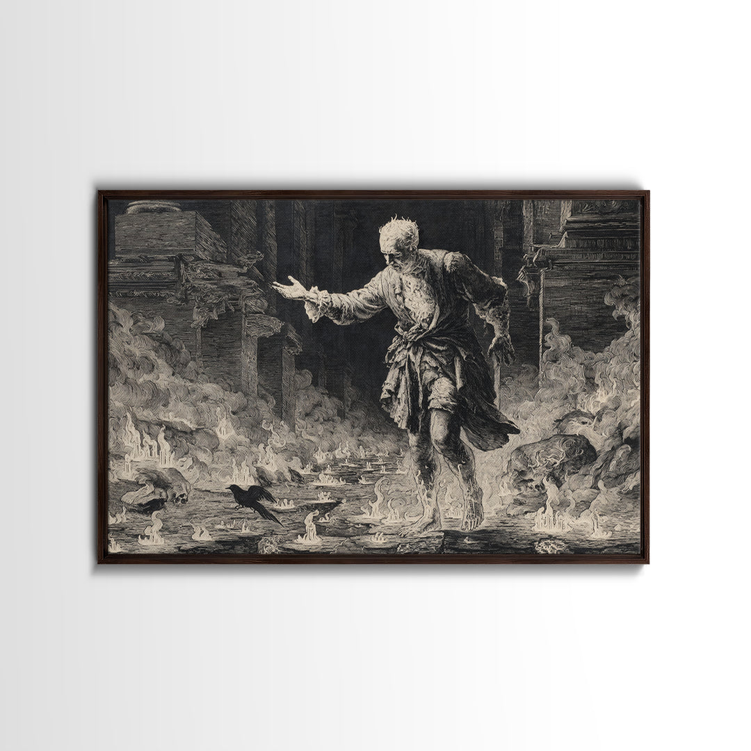 The Candlewax Man, Architectural Etching Art, Landscape Wall Art, Macabre Wall Art, Framed Canvas Print, Halloween Wall Art
