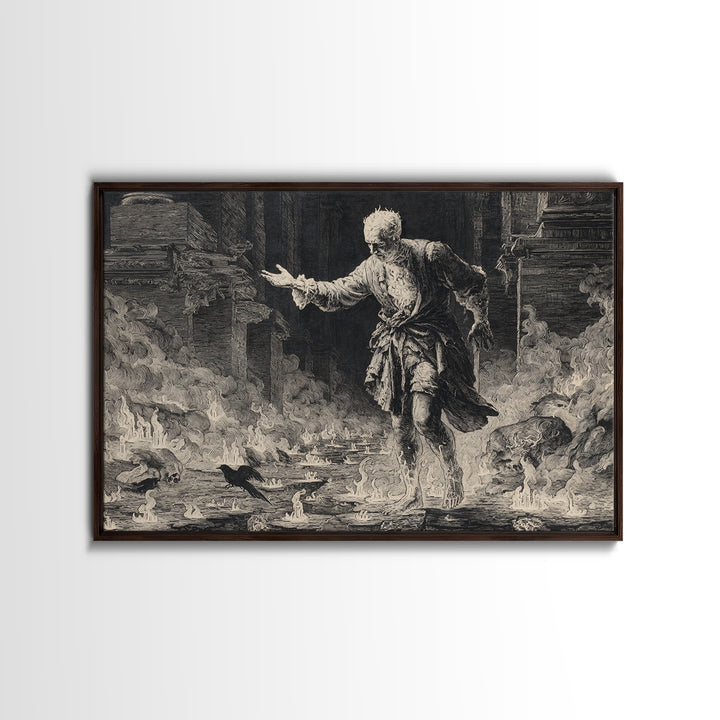 The Candlewax Man, Architectural Etching Art, Landscape Wall Art, Macabre Wall Art, Framed Canvas Print, Halloween Wall Art