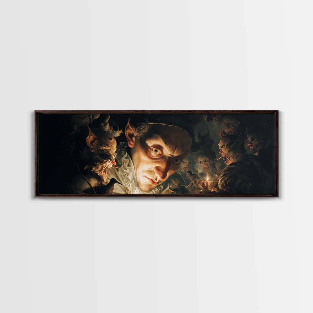 The Mirror Spirit, Medieval Grotesque Art, Extra Wide Wall Art, Dark Halloween Decor, Framed Canvas Print, Halloween Wall Art