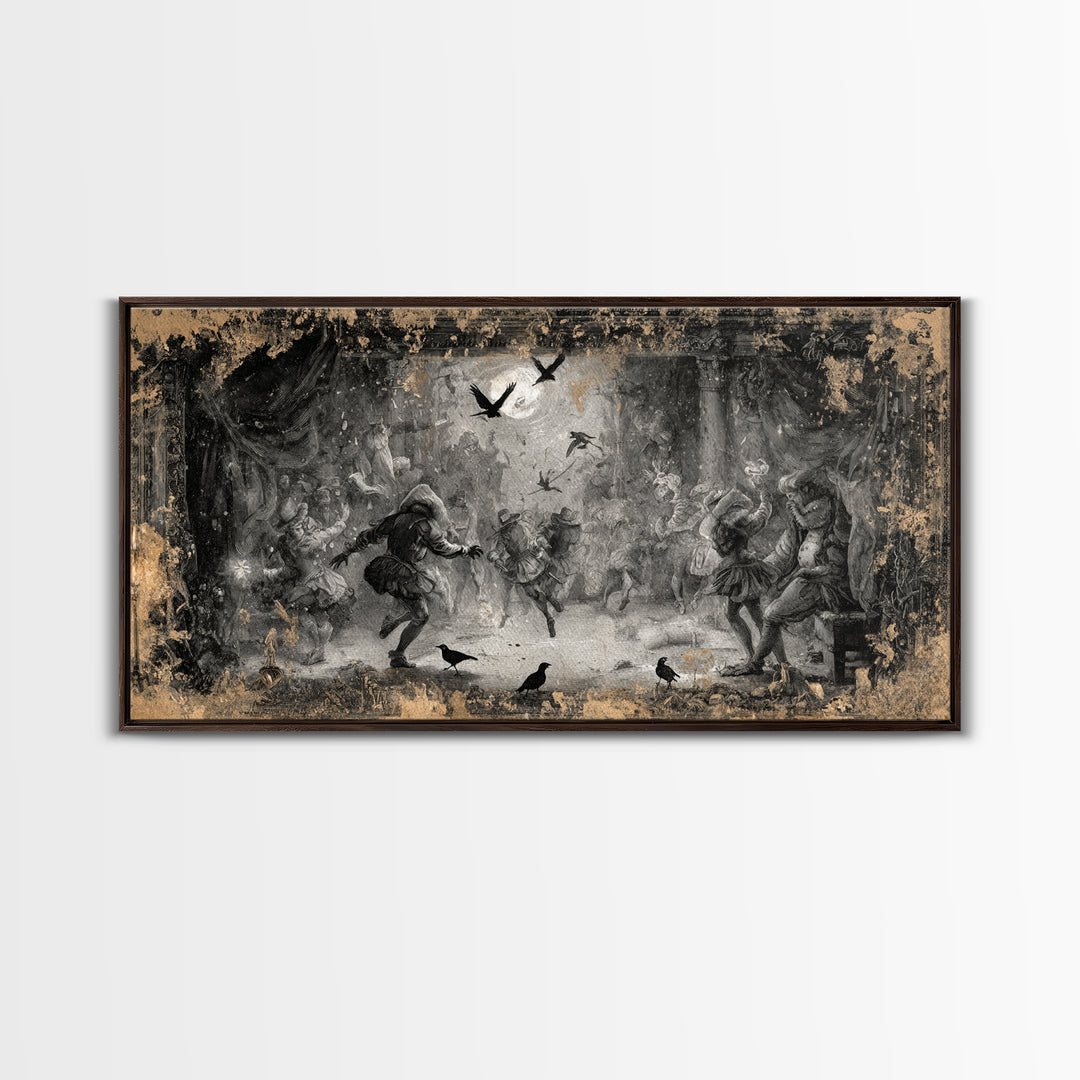 The Mirror Spirit, Northern Renaissance Horror, Wide Panoramic Art, Dark Halloween Decor, Canvas Print, Halloween Wall Art