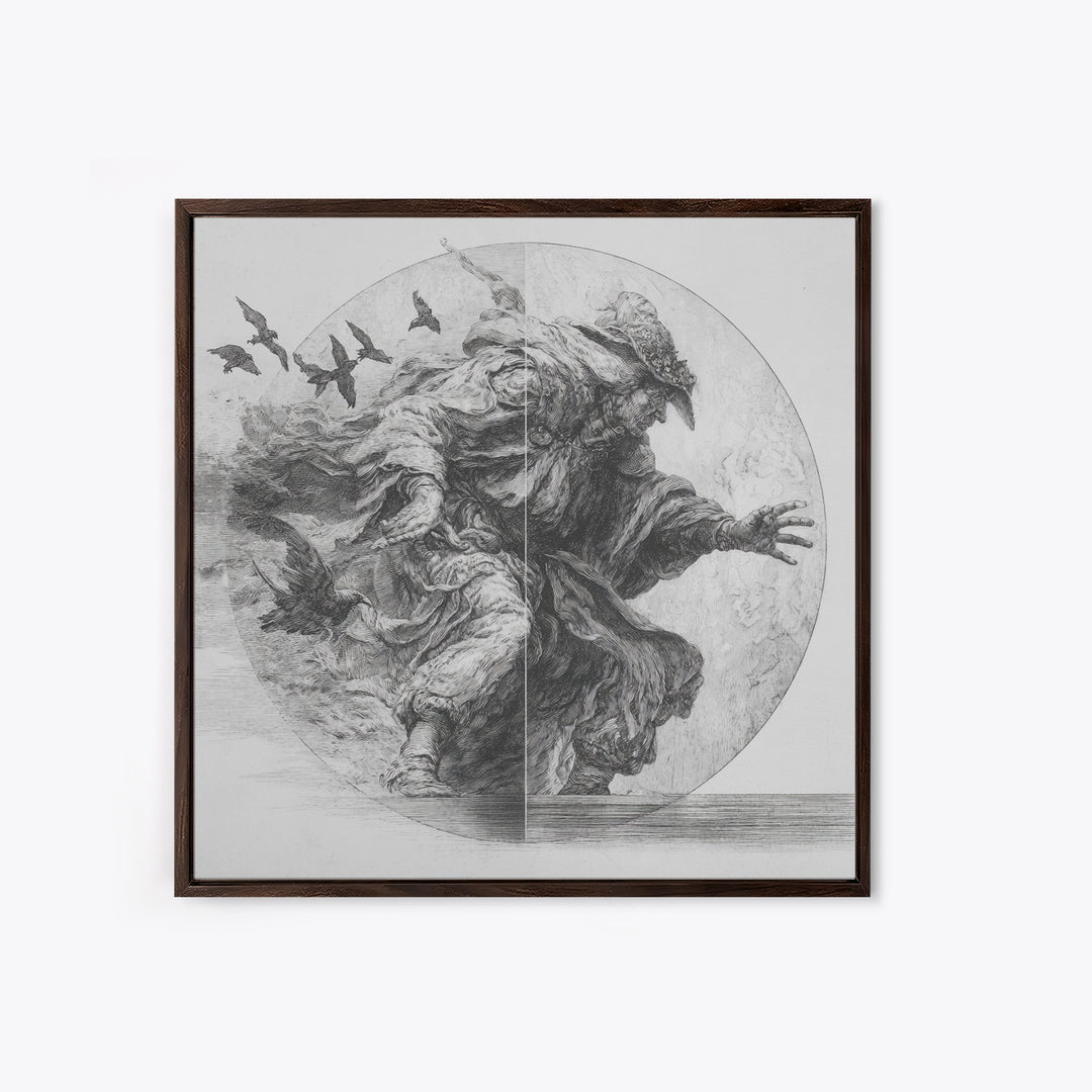 The Mirror Spirit, Renaissance Engraving Art, Square Wall Art, Macabre Wall Art, Canvas Print, Halloween Wall Art, Dark Fantasy Art