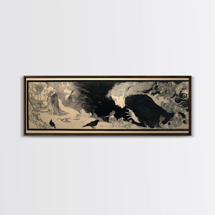 The Mirror Spirit, Decadent Line Art, Extra Wide Wall Art, Gothic Horror Wall Art, Canvas Print, Halloween Wall Art