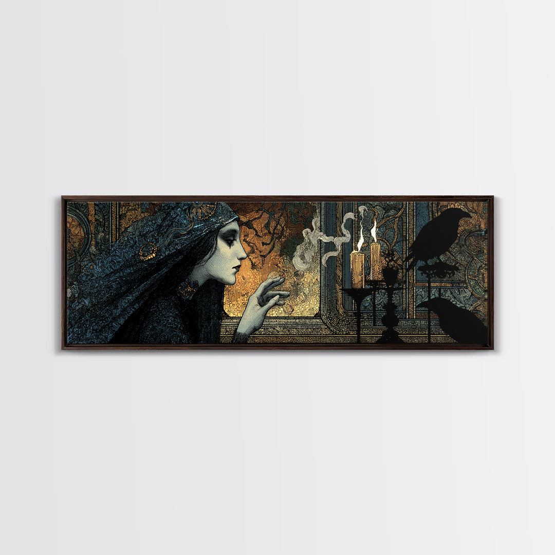 The Mirror Spirit, Stained Glass Gothic Art, Extra Wide Wall Art, Dark Halloween Decor, Framed Canvas Print, Halloween Wall Art