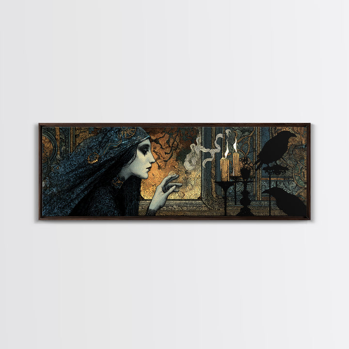 The Mirror Spirit, Stained Glass Gothic Art, Extra Wide Wall Art, Dark Halloween Decor, Framed Canvas Print, Halloween Wall Art