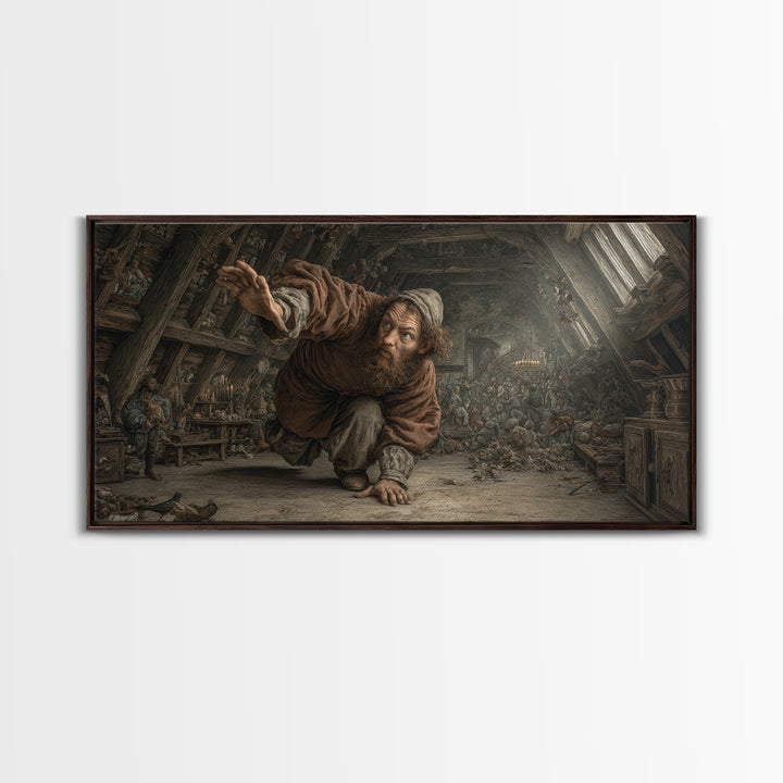 The Attic Whisperer, Northern Renaissance Horror, Wide Panoramic Art, Dark Fantasy Wall Art, Framed Canvas Print