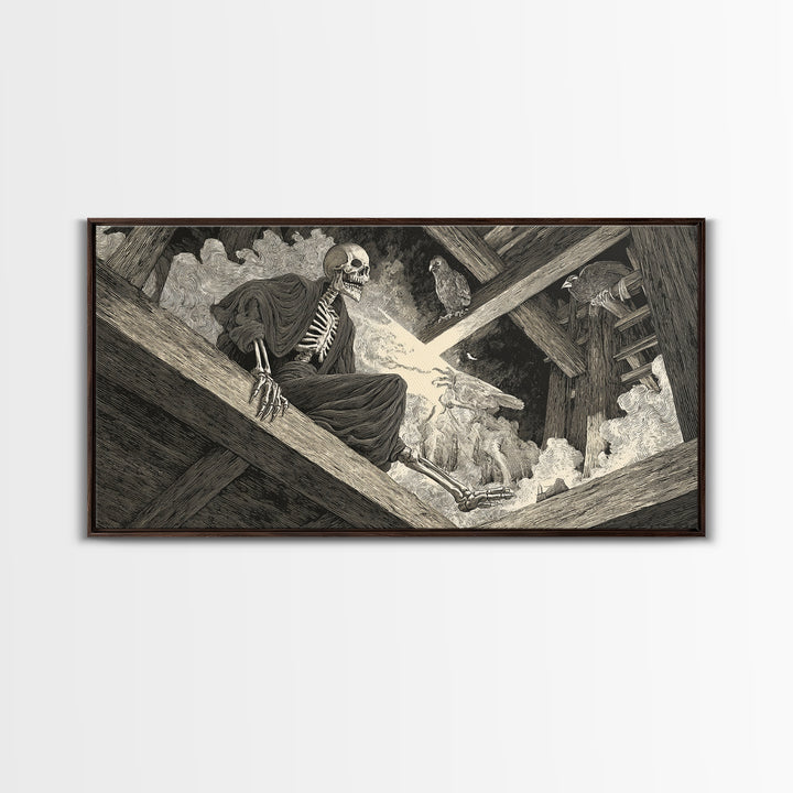 The Attic Whisperer, Macabre Folk Print Art, Wide Panoramic Art, Dark Halloween Decor, Framed Canvas Print, Halloween Wall Art