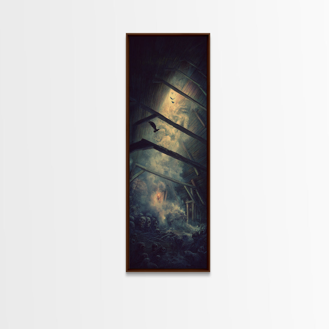 The Attic Whisperer, Surreal Apocalyptic Art, Tall Narrow Wall Art, Gothic Horror Wall Art, Framed Canvas Print, Halloween Wall Art