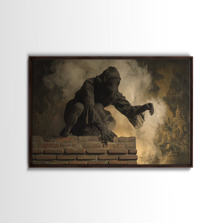 The Chimney Phantom, Medieval Grotesque Art, Landscape Wall Art, Gothic Horror Wall Art, Framed Canvas Print, Halloween Wall Art