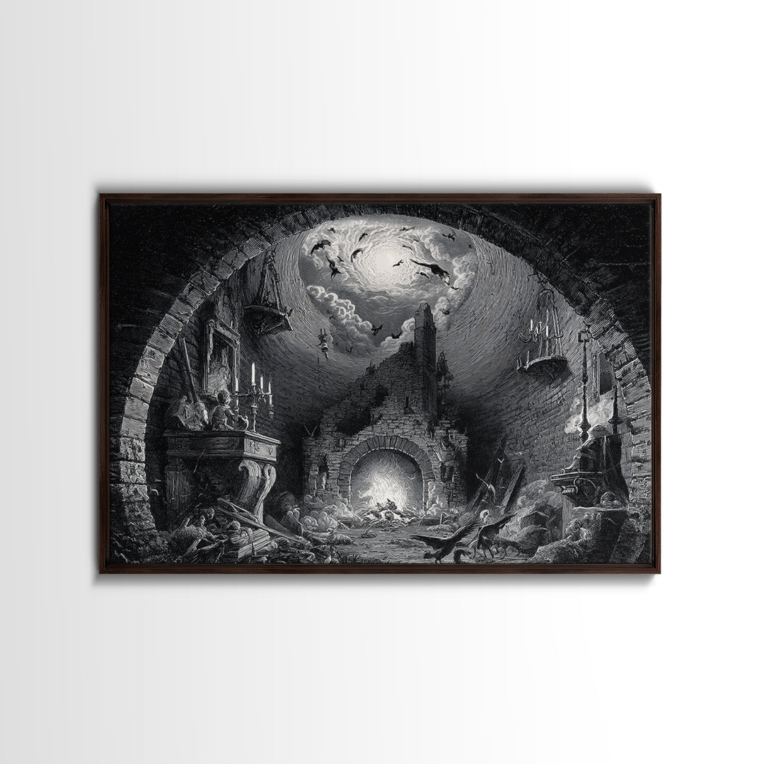 The Chimney Phantom, Architectural Etching Art, Landscape Wall Art, Dark Fantasy Wall Art, Framed Canvas Print