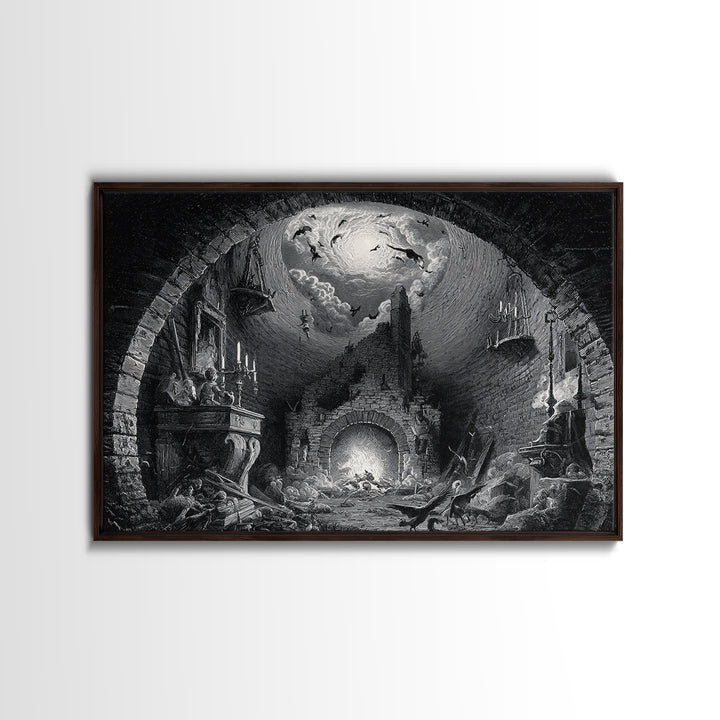 The Chimney Phantom, Architectural Etching Art, Landscape Wall Art, Dark Fantasy Wall Art, Framed Canvas Print