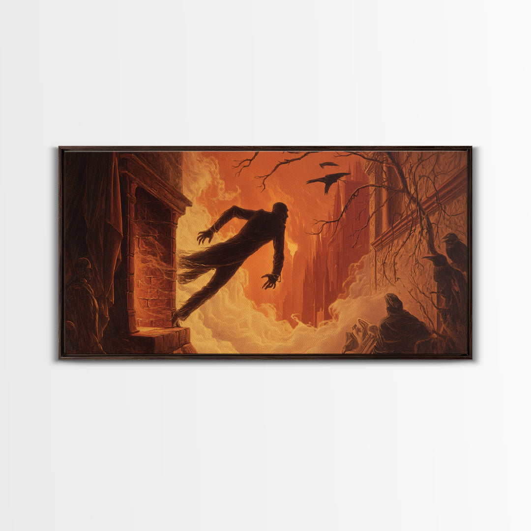 The Chimney Phantom, Apocalyptic Romantic Art, Wide Panoramic Art, Macabre Wall Art, Framed Canvas Print, Halloween Wall Art