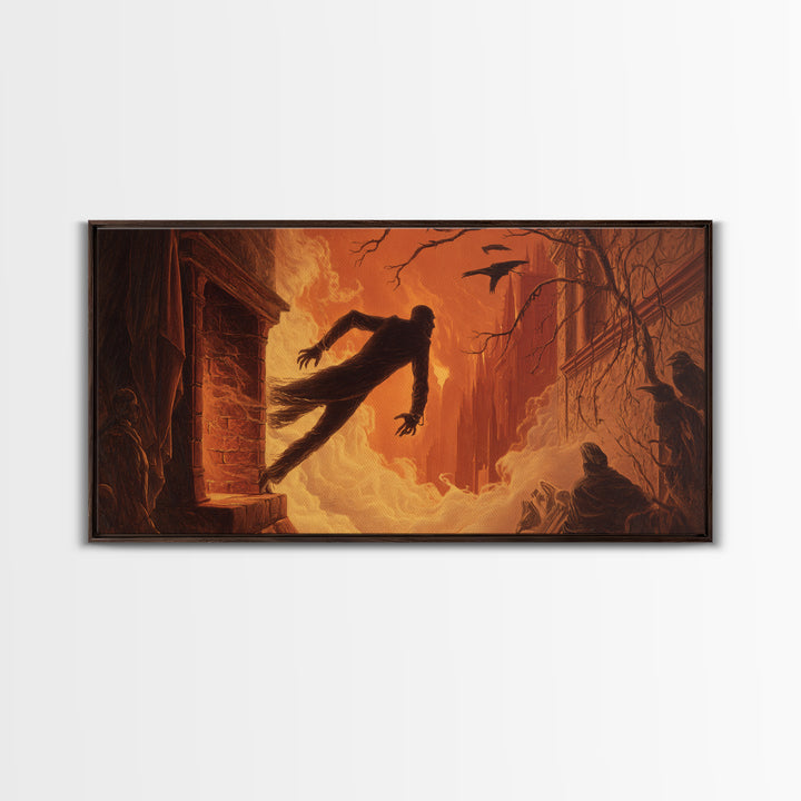 The Chimney Phantom, Apocalyptic Romantic Art, Wide Panoramic Art, Macabre Wall Art, Framed Canvas Print, Halloween Wall Art