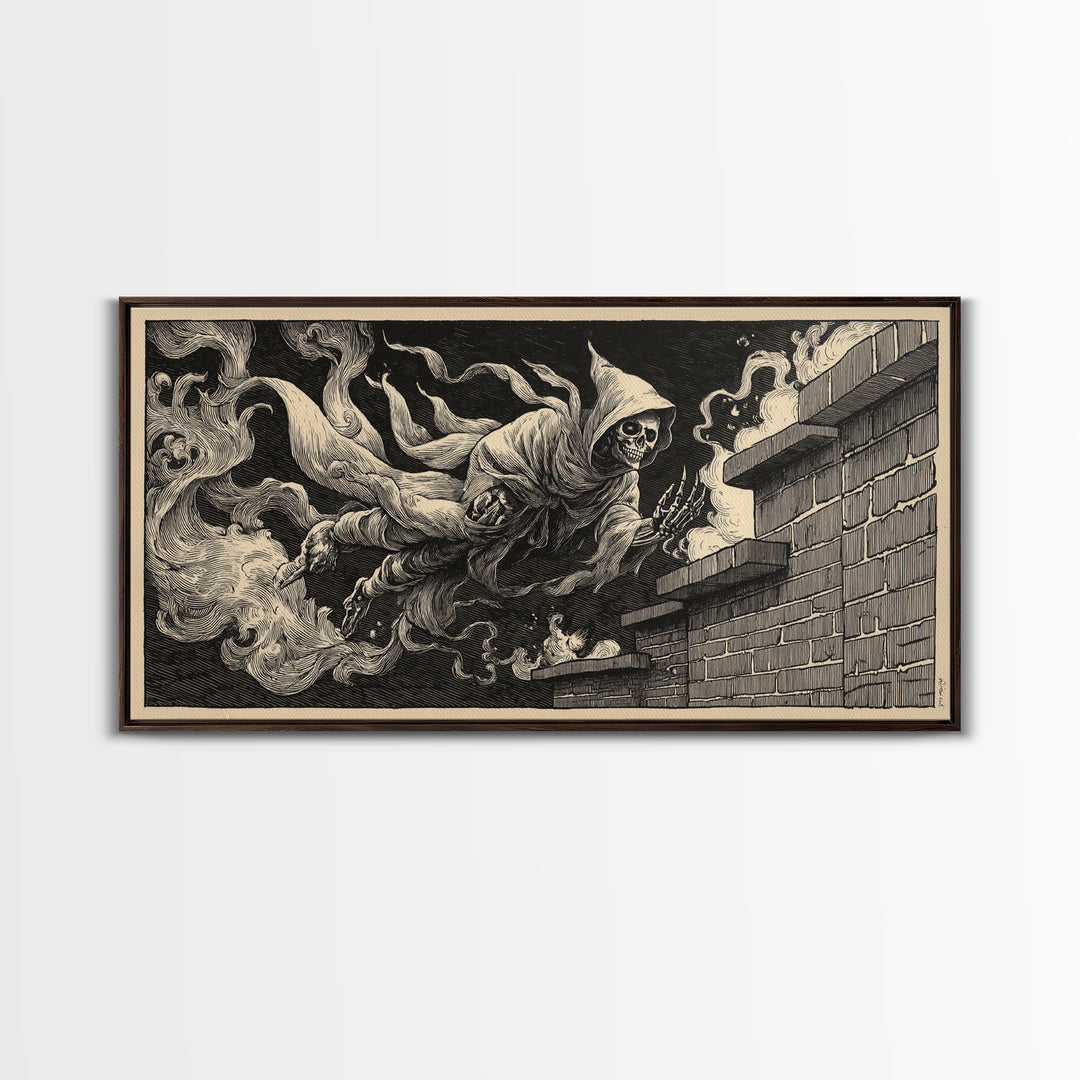 The Chimney Phantom, Macabre Folk Print Art, Wide Panoramic Art, Macabre Wall Art, Framed Canvas Print, Halloween Wall Art