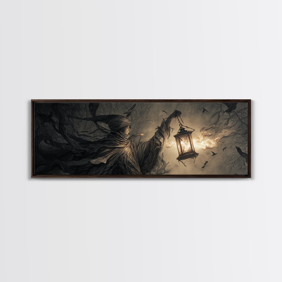 The Lantern Specter, Medieval Grotesque Art, Extra Wide Wall Art, Macabre Wall Art, Framed Canvas Print, Halloween Wall Art