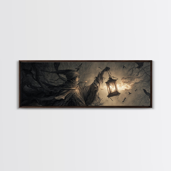 The Lantern Specter, Medieval Grotesque Art, Extra Wide Wall Art, Macabre Wall Art, Framed Canvas Print, Halloween Wall Art