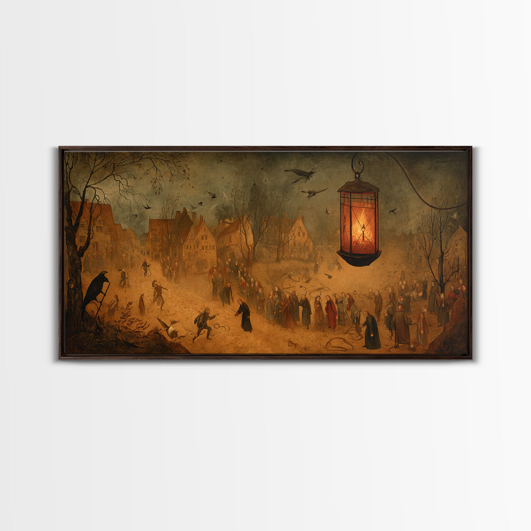The Lantern Specter, Northern Renaissance Horror, Wide Panoramic Art, Dark Fantasy Wall Art, Canvas Print, Halloween Wall Art