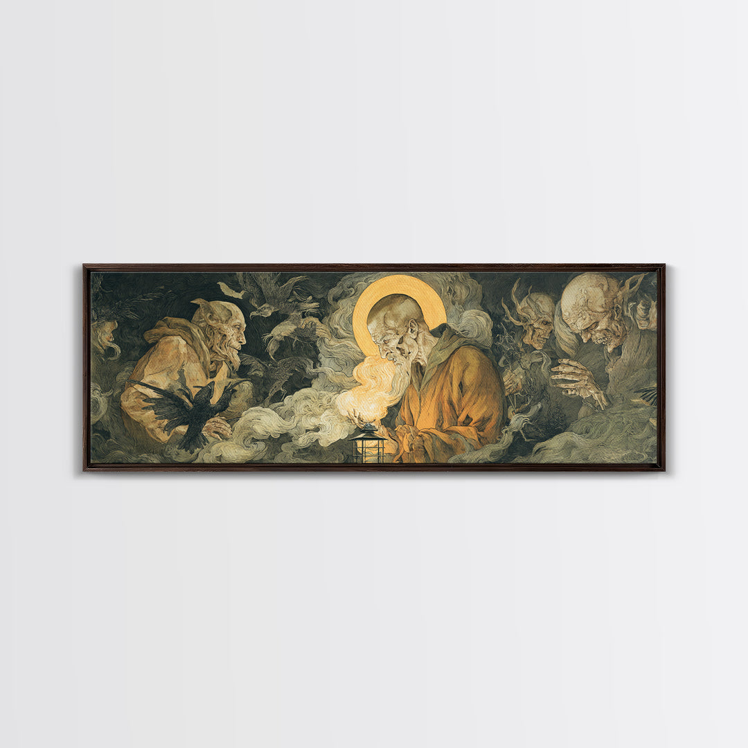 The Lantern Specter, Dark Renaissance Art, Extra Wide Wall Art, Dark Halloween Decor, Framed Canvas Print, Halloween Wall Art