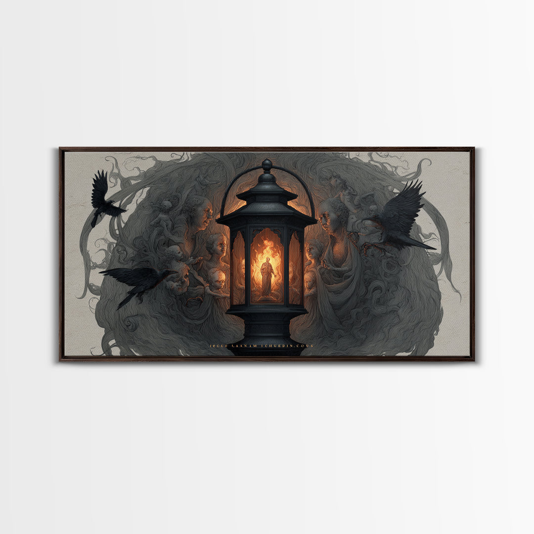 The Lantern Specter, Visionary Gothic Art, Wide Panoramic Art, Dark Fantasy Wall Art, Framed Canvas Print, Halloween Wall Art