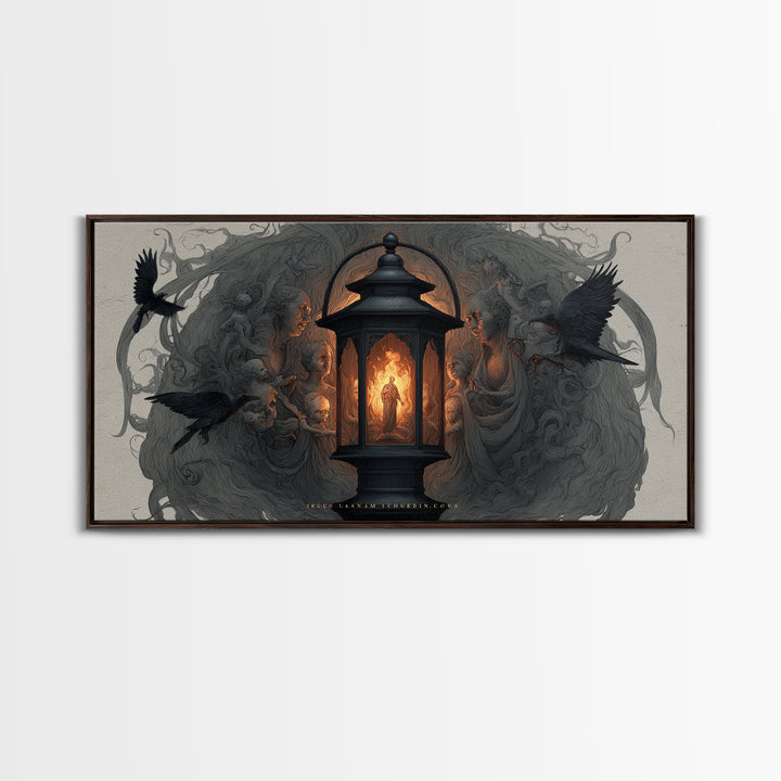 The Lantern Specter, Visionary Gothic Art, Wide Panoramic Art, Dark Fantasy Wall Art, Framed Canvas Print, Halloween Wall Art