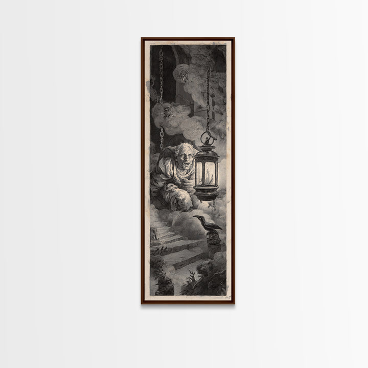 The Lantern Specter, Architectural Etching Art, Tall Narrow Wall Art, Dark Fantasy Wall Art, Canvas Print, Halloween Wall Art