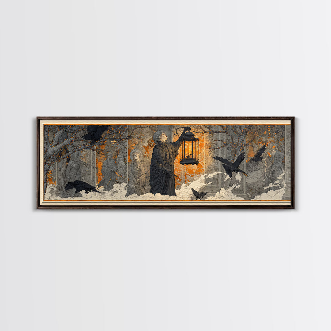 The Lantern Specter, Symbolist Death Art, Extra Wide Wall Art, Macabre Wall Art, Canvas Print, Halloween Wall Art, Spooky Wall Decor