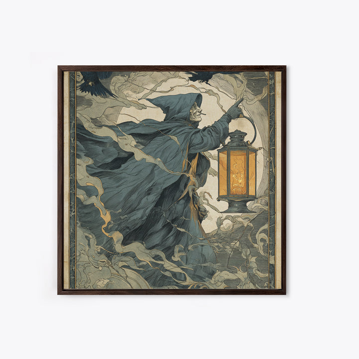 The Lantern Specter, Symbolist Etching Art, Square Wall Art, Dark Fantasy Wall Art, Canvas Print, Halloween Wall Art, Seasonal Home Decor