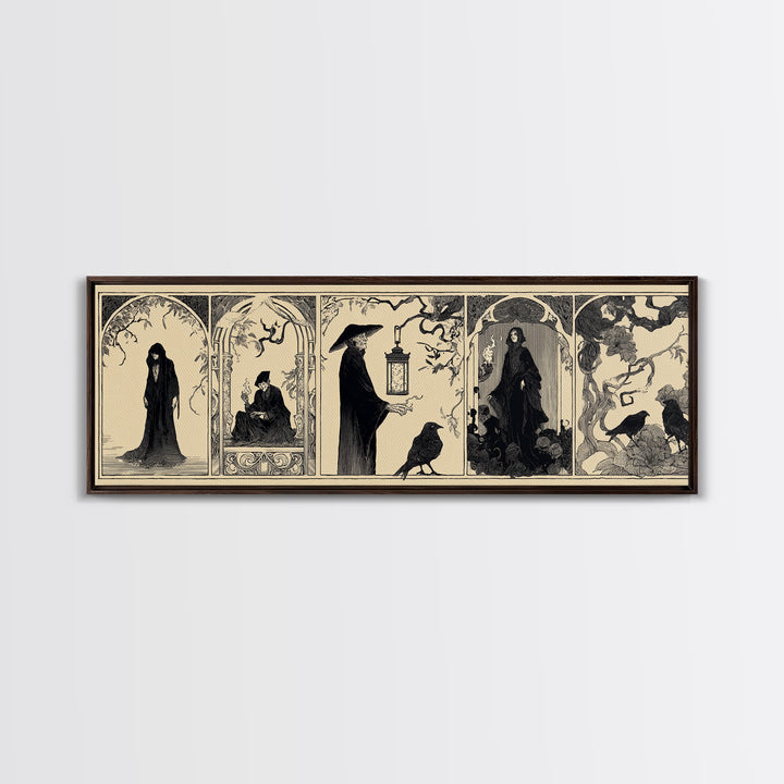 The Lantern Specter, Decadent Line Art, Extra Wide Wall Art, Macabre Wall Art, Framed Canvas Print, Halloween Wall Art