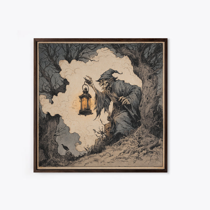 The Lantern Specter, Gothic Storybook Art, Square Wall Art, Macabre Wall Art, Framed Canvas Print, Halloween Wall Art