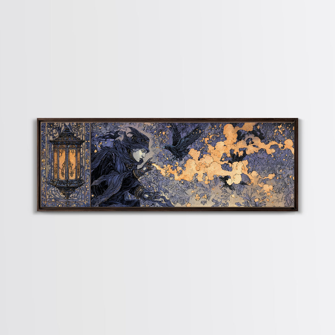 The Lantern Specter, Stained Glass Gothic Art, Extra Wide Wall Art, Dark Halloween Decor, Canvas Print, Halloween Wall Art