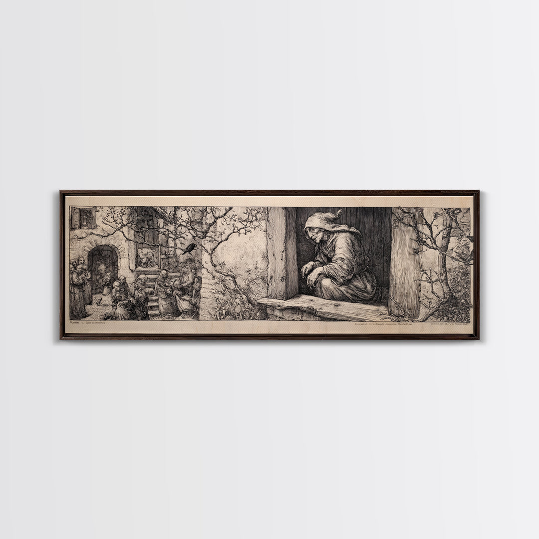 The Red-Eyed Night Hag, Renaissance Engraving Art, Extra Wide Wall Art, Gothic Horror Wall Art, Canvas Print, Halloween Wall Art