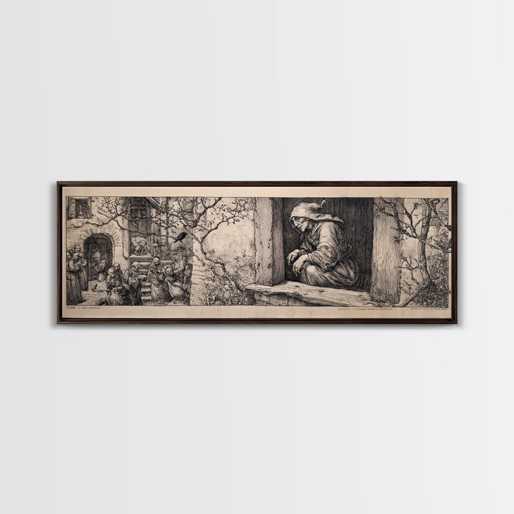 The Red-Eyed Night Hag, Renaissance Engraving Art, Extra Wide Wall Art, Gothic Horror Wall Art, Canvas Print, Halloween Wall Art