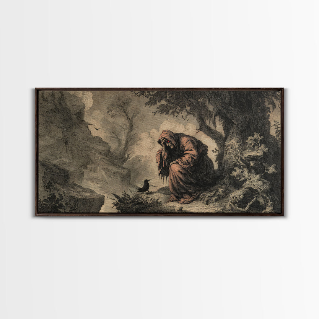 The Red-Eyed Night Hag, Baroque Witchcraft Art, Wide Panoramic Art, Gothic Horror Wall Art, Framed Canvas Print, Halloween Wall Art
