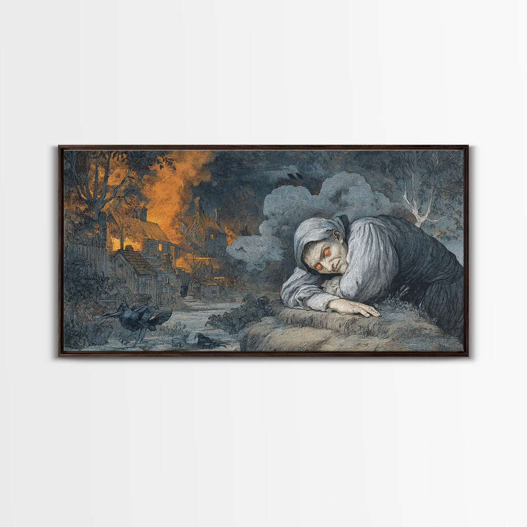 The Red-Eyed Night Hag, Visionary Gothic Art, Wide Panoramic Art, Gothic Horror Wall Art, Framed Canvas Print, Halloween Wall Art
