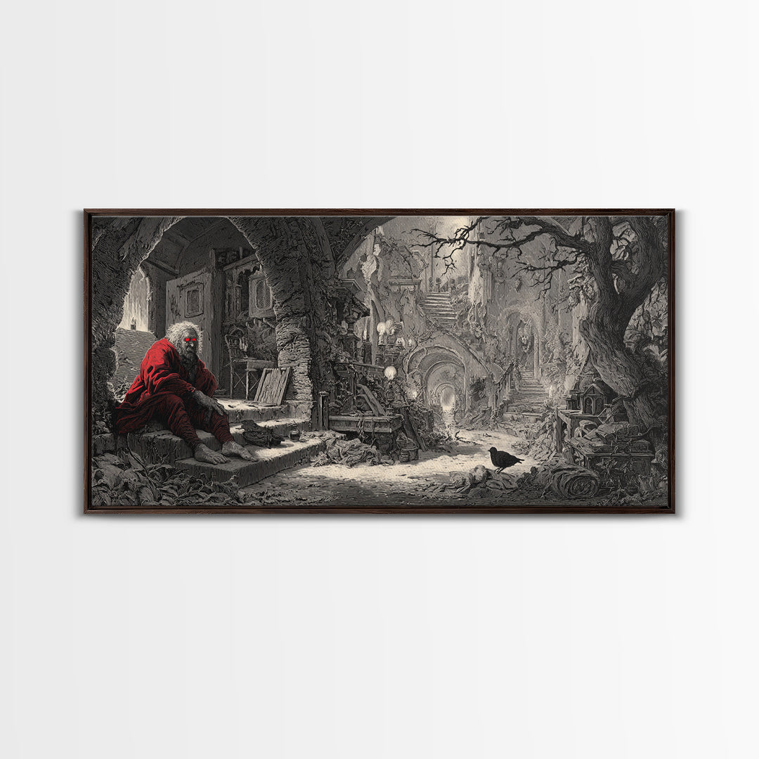 The Red-Eyed Night Hag, Architectural Etching Art, Wide Panoramic Art, Macabre Wall Art, Canvas Print, Halloween Wall Art