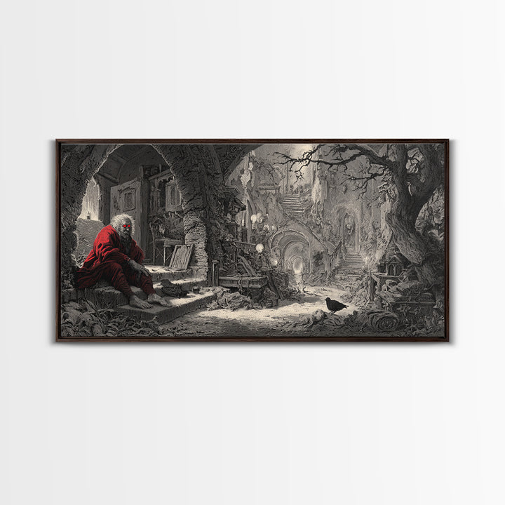 The Red-Eyed Night Hag, Architectural Etching Art, Wide Panoramic Art, Macabre Wall Art, Canvas Print, Halloween Wall Art