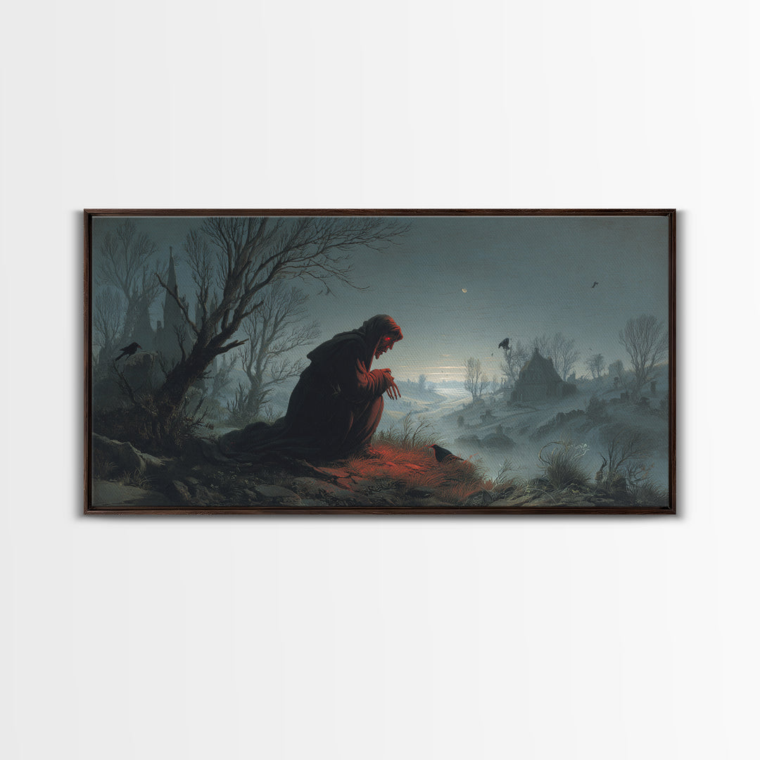 The Red-Eyed Night Hag, Romantic Gothic Landscape, Wide Panoramic Art, Dark Halloween Decor, Canvas Print, Halloween Wall Art